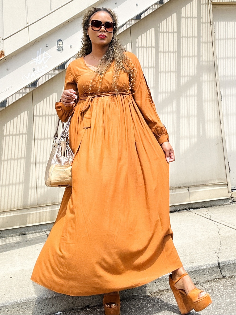 Women's Long Sleeve Maxi Dress in Mustard, M - Picture 5 of 6